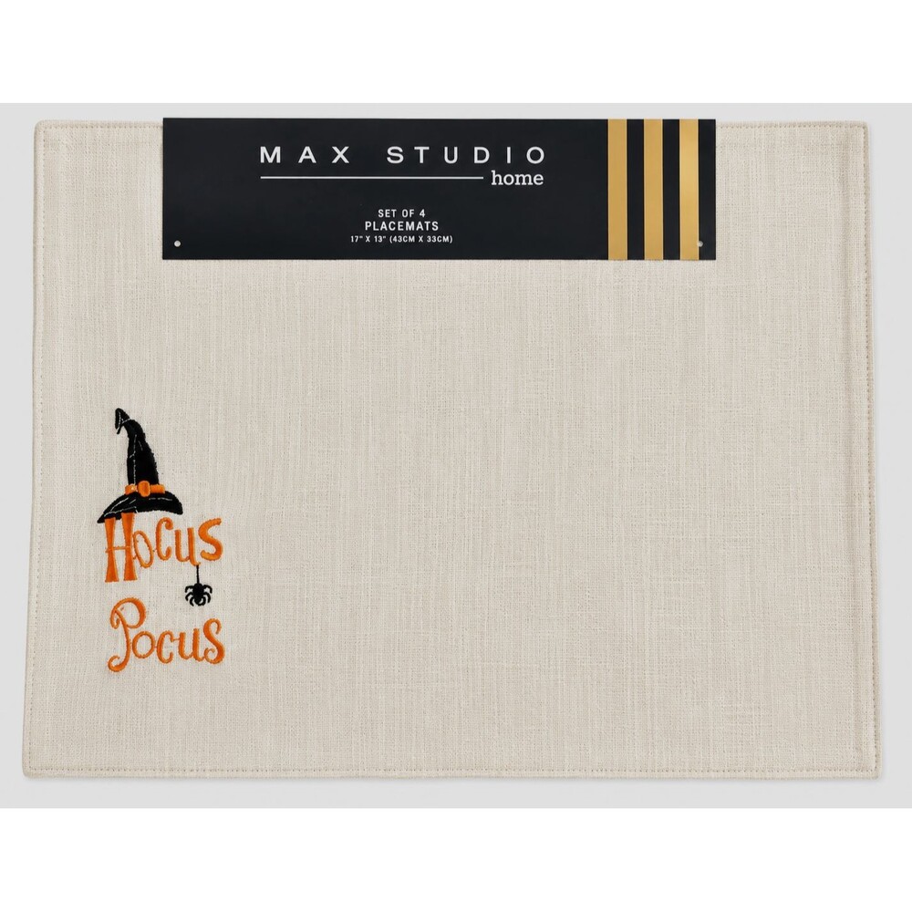 Max Studio Halloween Placemats Set of 4 Hocus Pocus Witch Hat Silver Metallic